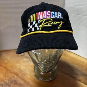 Vintage 90s NASCAR Corduroy Rope Hat Black Yellow Snapback Made in Bangladesh
